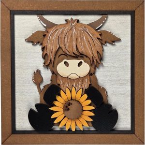 Sitting Highland Cow with Sunflower